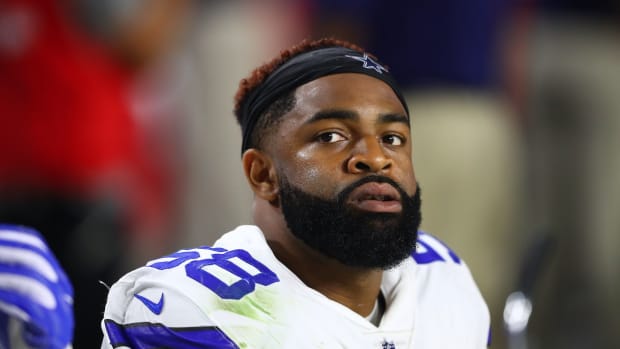 Sep 25, 2017; Glendale, AZ, USA; Dallas Cowboys defensive tackle Damontre Moore (58) against the Arizona Cardinals at University of Phoenix Stadium. Mandatory Credit: Mark J. Rebilas-USA TODAY Sports  